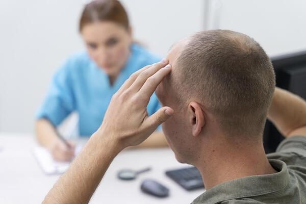 homme avec une perte de cheveux et son médecin