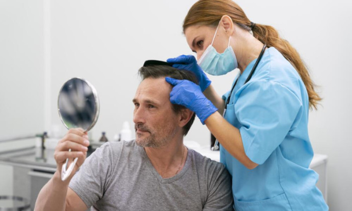 patient pendant une greffe de cheveux