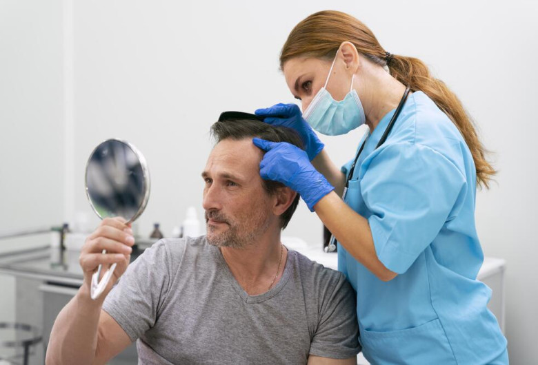 patient pendant une greffe de cheveux