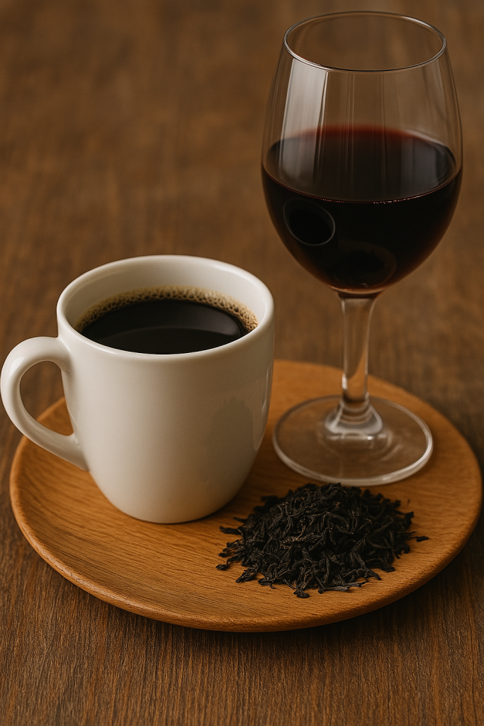illustration d'un cafe, avec vin rouge et feuilles de thé