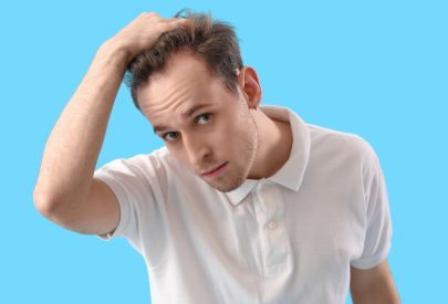 Homme qui observe l'évolution de sa greffe de cheveux