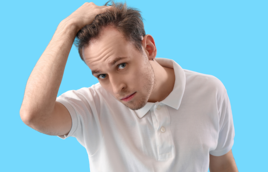 Homme qui observe l'évolution de sa greffe de cheveux